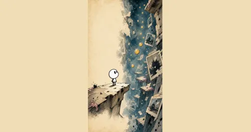 Inklet character on a ledge above stacked sketchbook platforms, coins, and monster photo frames in Inklets marketing art