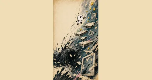 Inklet leaping between platforms while a black ink vortex rises from below in Inklets ink-storm marketing art