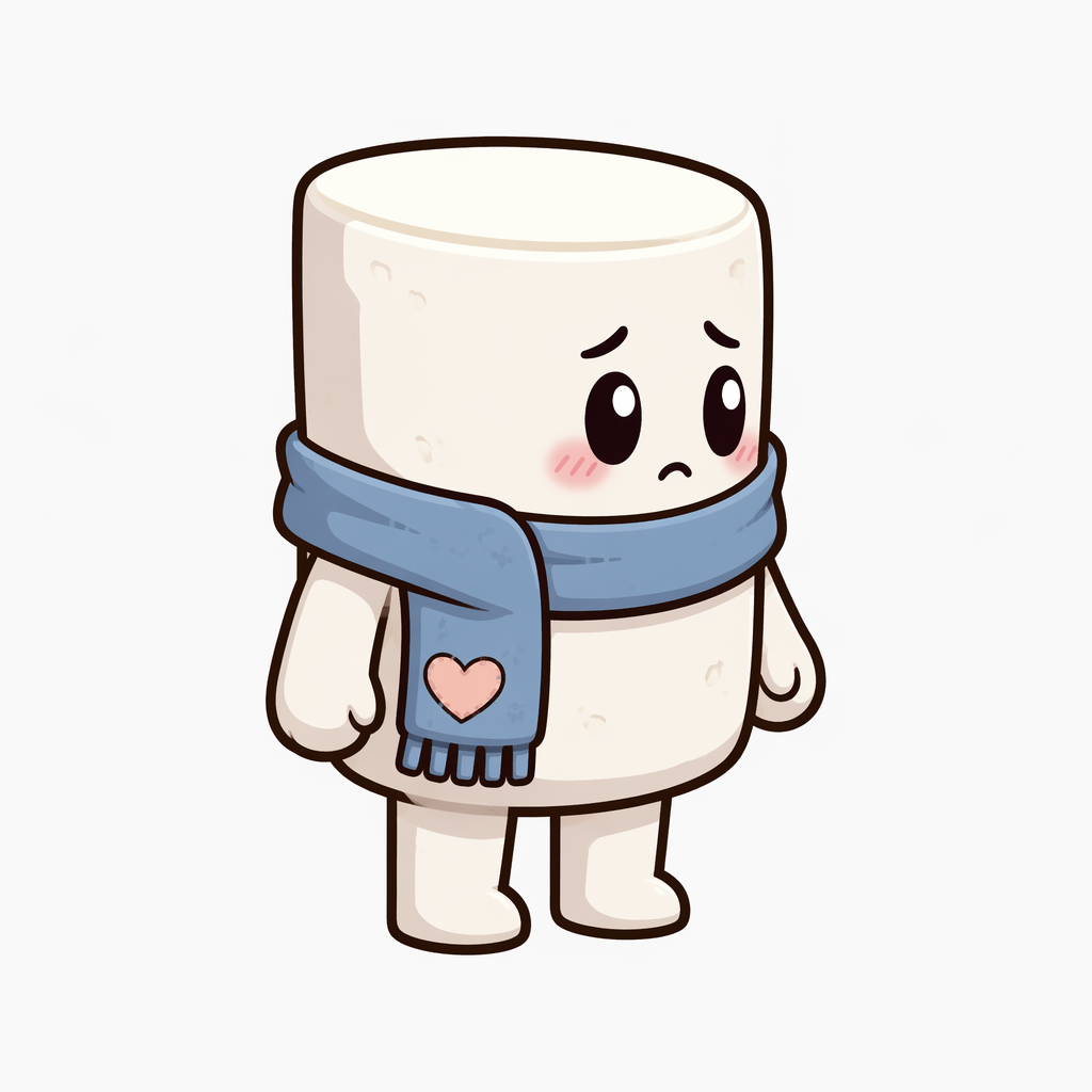 Shy Marshmallow character with a blue scarf and shy smile