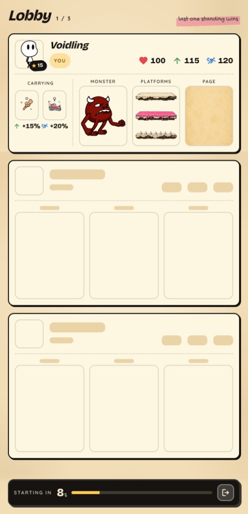 Multiplayer lobby showing three players, loadouts, and a countdown before the race starts